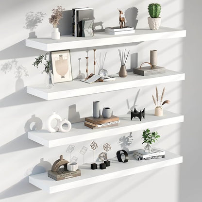 Floating Shelves for Wall, Set of 2 Solid Wood Wall Shelves, Heavy Duty Wall Mount Shelf for Living Room, Bedroom & Kitchen (White, 4T48IN)