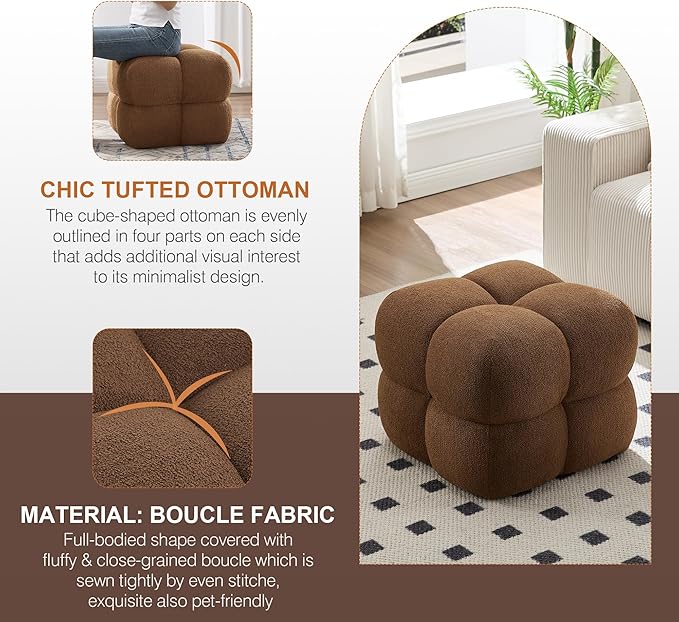 Zesthouse Square Pouf Ottoman Footstool, Modern Backless Vanity Chair for Bedroom, Boucle Poofy Footrest for Couch, Upholstered Tufted Footstool, Fabric Ottoman Coffee Table for Living Room Rust Brown