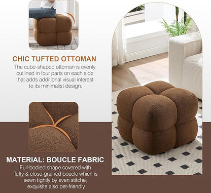 Zesthouse Square Pouf Ottoman Footstool, Modern Backless Vanity Chair for Bedroom, Boucle Poofy Footrest for Couch, Upholstered Tufted Footstool, Fabric Ottoman Coffee Table for Living Room Rust Brown