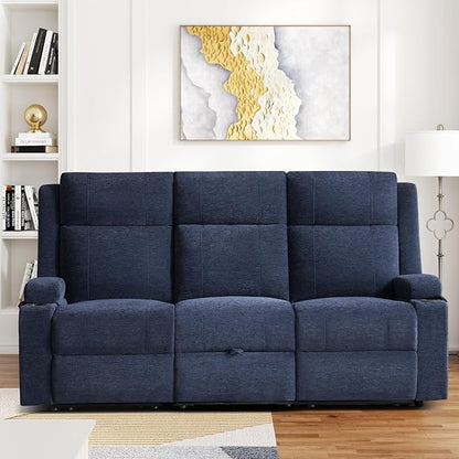75'' Manual Reclining Sofa with Storage Drawer, 3 Seat Wall Hugger Recliner Couch with Cup Holders, Side Pockets, Chenille Fabric, Compact 3-Person Recliner for RV, Living Room, Apartment (Blue)