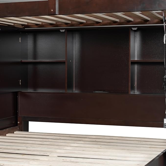 RUNNA Twin Over Full Bunk Bed with Storage Stairs, USB, Light Espresso | Twin over full bunk bed with storage stairs,USB charging station,light,solid wood,guardrails,no box spring needed Espresso