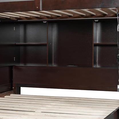 RUNNA Twin Over Full Bunk Bed with Storage Stairs, USB, Light Espresso | Twin over full bunk bed with storage stairs,USB charging station,light,solid wood,guardrails,no box spring needed Espresso
