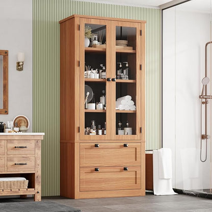 71" Tall Kitchen Pantry Cabinet - Modern Display Storage Cabinet with 2 Large Drawers, Glass Doors, and Adjustable Shelves, Farmhouse Kitchen Cupboard for Dining Room, Bathroom, Living Room, Walnut