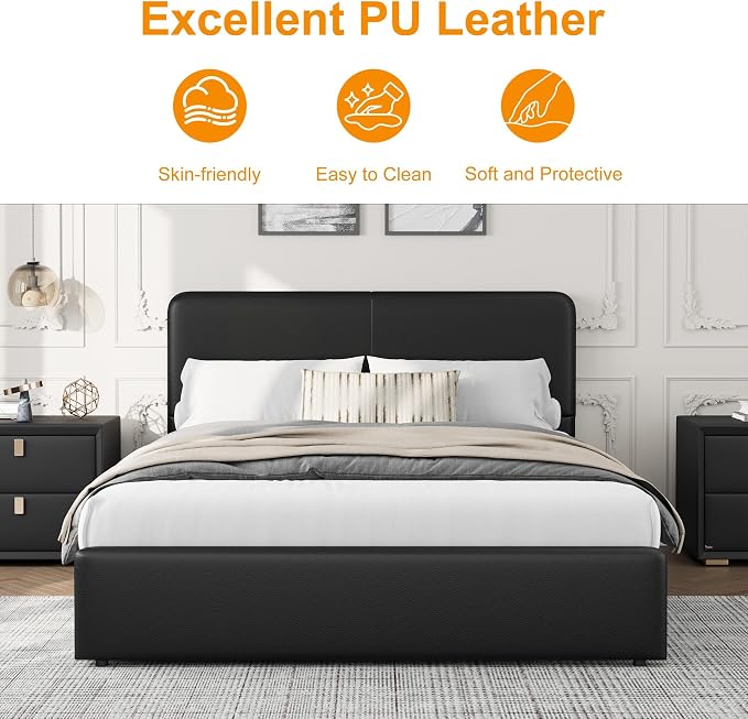 GarveeHome Modern Upholstered Platform Bed Frame with Headboard and Storage Drawers – PU Black Leather, Strong Wood Slat Support, No Box Spring Needed, Easy Assembly, Noise-Free – Full Size, PU Black