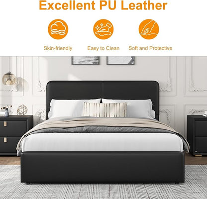 GarveeHome Modern Upholstered Platform Bed Frame with Headboard and Storage Drawers – PU Black Leather, Strong Wood Slat Support, No Box Spring Needed, Easy Assembly, Noise-Free – Full Size, PU Black