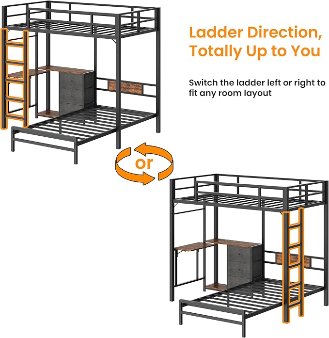 Bellemave Twin Over Twin bunk Bed with Desk and LED Charging Station, loft Bed with Desk and Shelves 3 Storage Drawers, Twin Metal Bunk Beds with Storage, Black