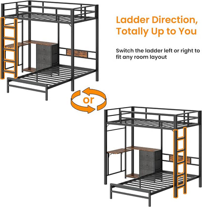 Bellemave Twin Over Twin bunk Bed with Desk and LED Charging Station, loft Bed with Desk and Shelves 3 Storage Drawers, Twin Metal Bunk Beds with Storage, Black