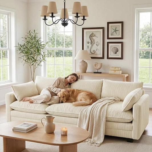 Gizoon 3 Seater Couches for Living Room, Cloud Sleeper Sofa with Double Cushion Corduroy Deep Seat Sofa Couches with 2 Pillows for Living Room Bedroom and Apartment,Pet-Friendly Fabric, Beige