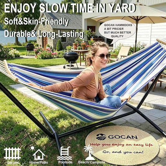 Double Hammock 2 Person Extra Large 220x150cm Total Length 330cm Load 500lb Canvas Cotton Hammock for Patio Porch Garden Backyard Lounging Outdoor and Indoor with Removable Spreader bar