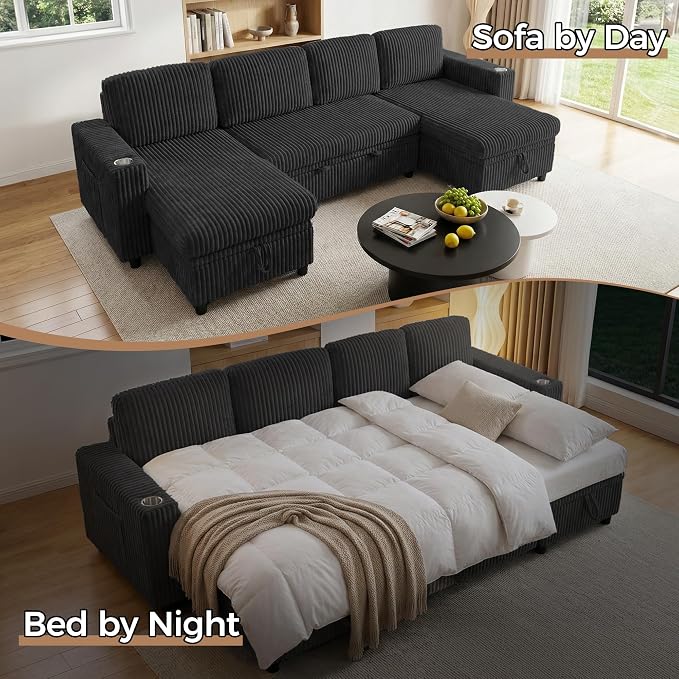 Modular Sectional Sleeper Sofa with Pull Out Bed, Plush Corduroy U Shaped Couch with Storage Chaise, USB Ports, Cup Holders, Comfy Sectional Couches for Living Room, Black