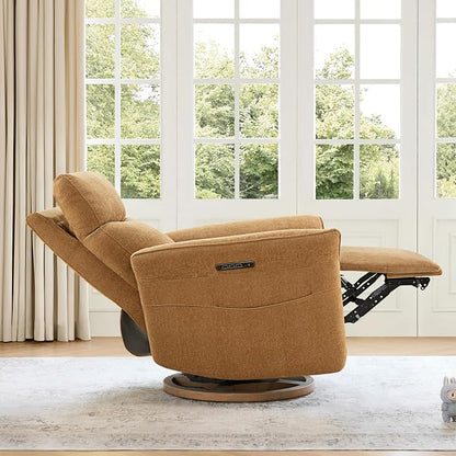 CHITA Power Recliner Chair, Electric Triple-Motor Swivel Glider Nursery Rocking Chair with Adjustable Power Headrest and Lumbar Support, GREENGARD Gold Certified, Solid Wood Base, Cognac