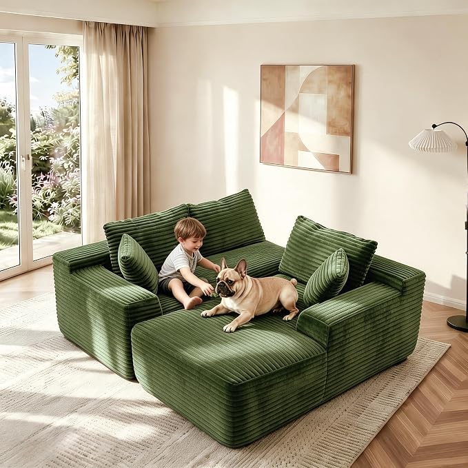JINGLING 94" L Shape Couch with Right Chaise, Memory Foam Boneless Sectional Sofa in a Box, No Assembly Modular Small Couches for Small Spaces, Living Room, Apartments, Plush Corduroy, Green