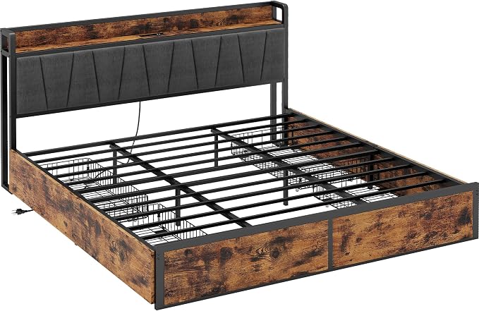 LIKIMIO California King Bed Frame with 4 Storage Drawers, Platform Bed with Charged Headboard, Sturdy and Stable, No Noise, No Box Spring Needed, Easy to Install, Vintage Brown and Gray