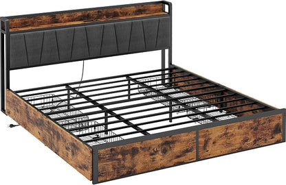 LIKIMIO California King Bed Frame with 4 Storage Drawers, Platform Bed with Charged Headboard, Sturdy and Stable, No Noise, No Box Spring Needed, Easy to Install, Vintage Brown and Gray