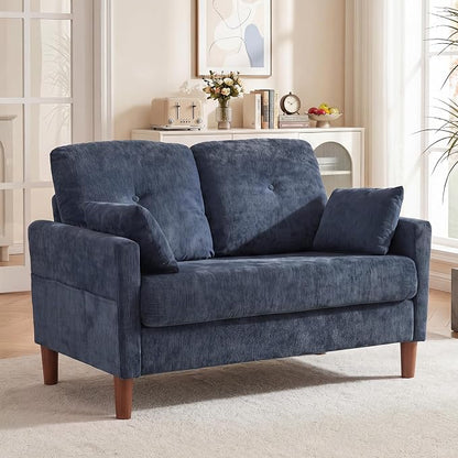 Vipbear 48" Loveseat Sofa,Modern Small Couches for Small Spaces,Blue Chenille Love Seat Couch for Living Room,Bedroom,Apartment,Office,Deep Seat,Throw Pillow,Side Pockets,Square Armrest