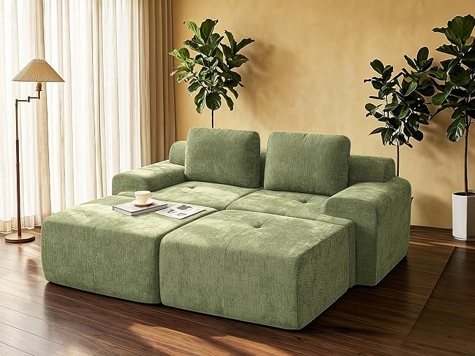 85" Oversized Boneless Couch, Comfort Cloud Sectional Couches for Living Room, Modular Sofa High Back & Extra Deep Seat, No Assembly, Soft Chenille Fabric (Olive Green, 85 inch- Shaped（2+2）)