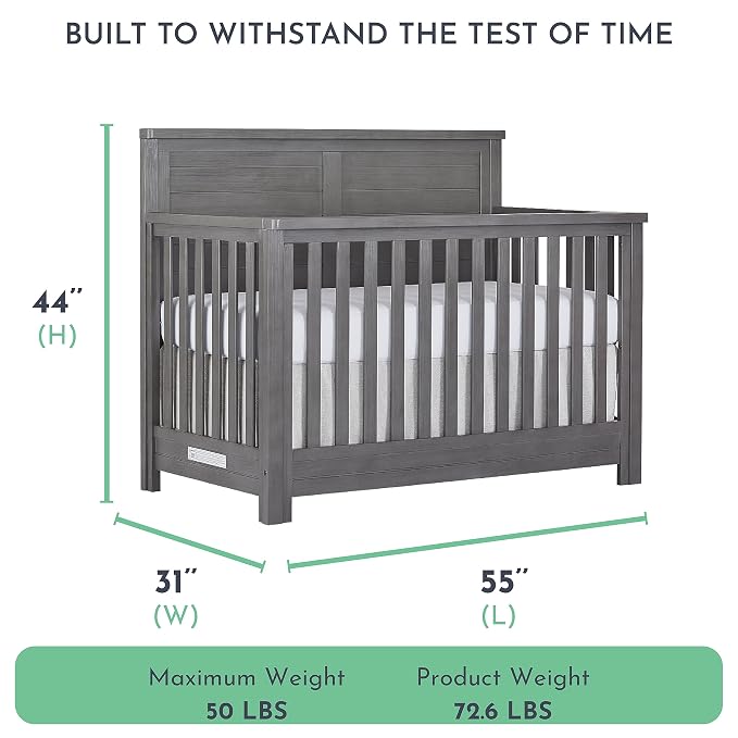 Evolur Belmar Flat 5-in-1 Convertible Full-Size Baby Crib in Rustic Grey, GreenGuard Gold & JPMA, Converts to Toddler, Day & Full-Size Bed, 3 Mattress Heights Crafted in Kiln-Dried Hardwood