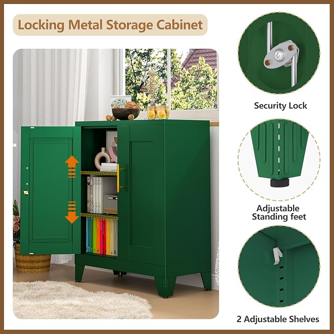 GAIOUS Green Sideboard Buffet Cabient, 35.83" Steel Kitchen Pantry Storage Cabinet with 2 Doors and 2 Adjustable Shelves, Bathroom Floor Storage, Freestanding Cupboard for Office/Kitchen/Home