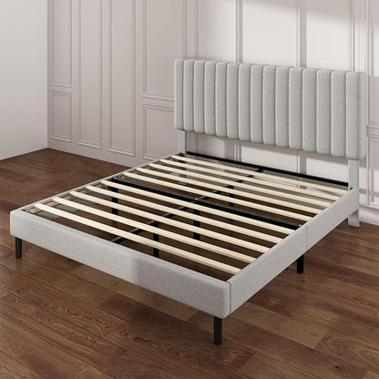 Queen Size Platform Bed Frame with Vertical Channel Tufted Headboard, No Box Spring Needed, Noise-Free, Easy Assembly, Light Grey Linen