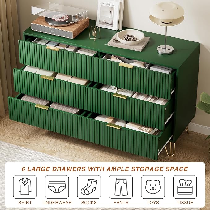 Furniway Green Dresser for Bedroom, Modern Dresser with Gold Metal Handles & Chests of Drawers for Bedroom, 15.7" D x 47.2" W x 29.5" H