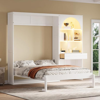 Merax Wood Multi-Functional Murphy Bed with Cabinets & a Drawer,White+Black | Queen Size Farmhouse Foldable Wall Bed with Upholstered Headboard / No Box Spring Needed / Space Saving