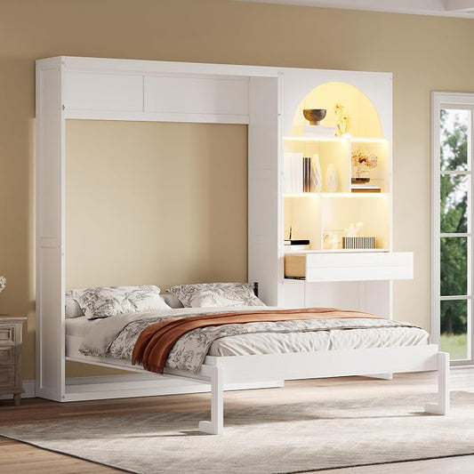 Merax Wood Multi-Functional Murphy Bed with Cabinets & a Drawer,White+Black | Queen Size Farmhouse Foldable Wall Bed with Upholstered Headboard / No Box Spring Needed / Space Saving