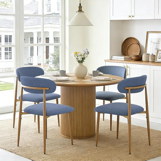 FREKEN Modern Upholstered Dining Chairs Set of 4, Mid-Century Metal Frame with Wood Grain, Linen Fabric Side Chair for Kitchen Dining Room, 350lbs Capacity, Blue