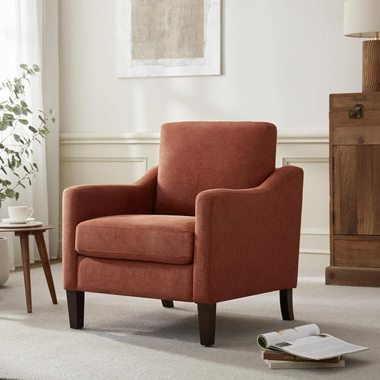VKNOW Mid Century Modern Accent Chair, Upholstered Living Room Chairs Armchair for Bedroom, Comfy Reading Accent Chairs with Wood Legs for Living Room (1, Orange)