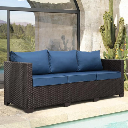 Oasishine Outdoor Couch Wicker Patio Furniture 3-seat Sofa Outdoor Furniture Deep Seat Hight Backrest Waterproof Cover Non-Slip Cushions, Navy Blue