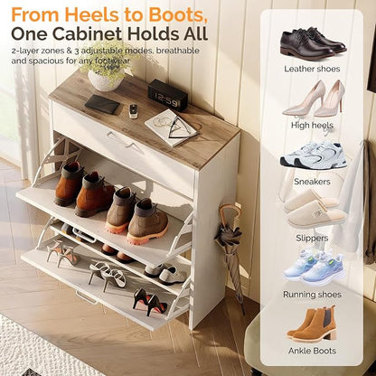 VINGLI Set of 2 Rustic White Shoe Cabinet for Entryway, 2-Pack Ultra Slim Shoe Organizer with Vintage Brown Top, 24.8" W Narrow Shoe Cabinet for Front Door, Farmhouse Wood Shoes Rack for Hallway