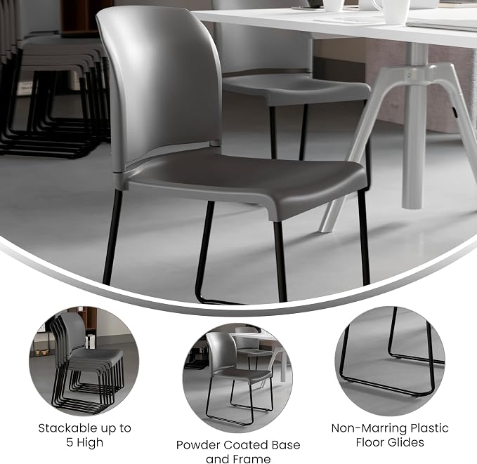 Flash Furniture HERCULES Series 880 lb. Capacity Gray Full Back Contoured Stack Chair with Black Powder Coated Sled Base