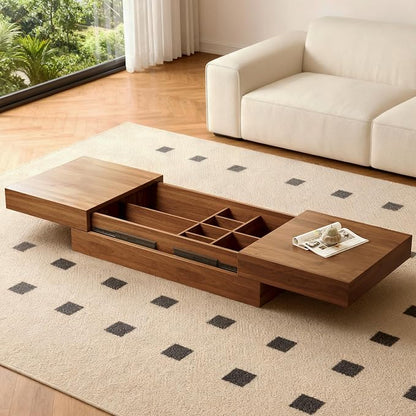 Mid-Century Modern Farmhouse 47.2-81.8" Expandable Coffee Table，Adjustable Center Table with Large Storage for Living Room, Walnut