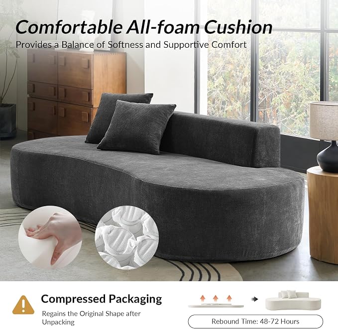 94.5" Modern Curved Sofa, 3-Seater Comfy Foam Couch with 2 Pillows, Frameless & No Assembly Required, Cloud Couch for Living Room, Charcoal
