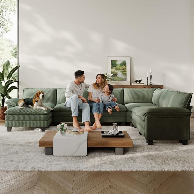 LINSY HOME Modular Sectional Sofa 6 Seat Couch Corduroy Cloud Couch with Deep Seat, Modern C-Shaped Cloud Couch for Living Room, Office, Bedroom, Green