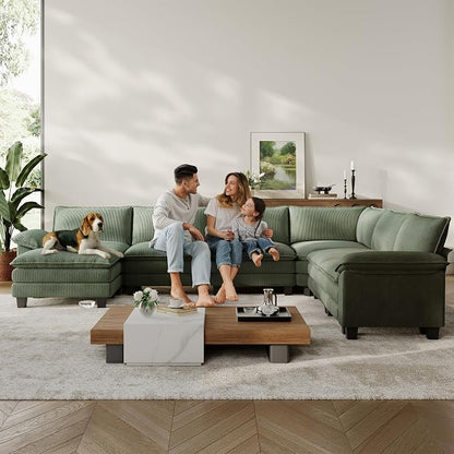 LINSY HOME Modular Sectional Sofa 6 Seat Couch Corduroy Cloud Couch with Deep Seat, Modern C-Shaped Cloud Couch for Living Room, Office, Bedroom, Green