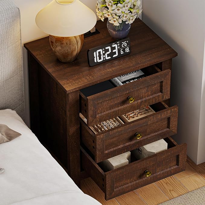 Farmhouse Dresser Nightstand Sets, 2-Piece Bedroom Furniture Set for Home | 5 Drawer Dresser Closet & 3 Drawer Nightstand, Chest of Drawers for Bedroom, Living Room, Entryway, Dark Brown