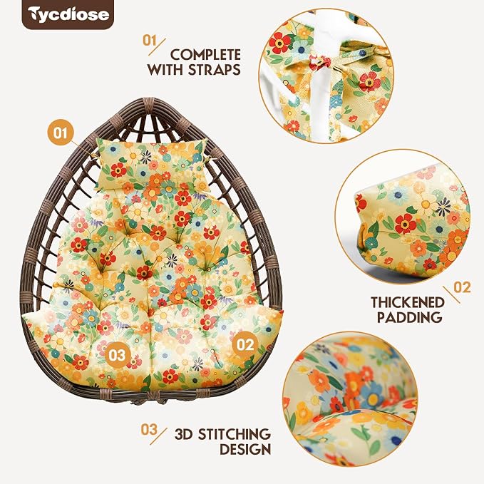 Outdoor Hanging Egg Chair Cushion Replacement, Thicken Egg Chair Cushion Waterproof Basket Eggs Chairs Cushion with Headrest Pillow, U-Shaped Cushions for Hanging Eggs Chairs Swing (Daisy)