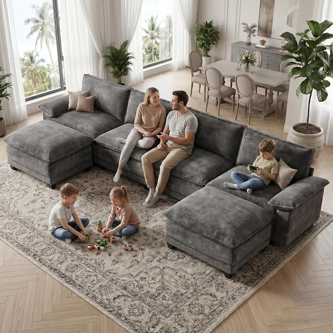 Modern U Shaped Sofa Couches for Living Room, Modular Sectional Cloud Couch with Movable Ottoman, Comfy Chenille Sofa for Apartment and Small Space, Dark Gray
