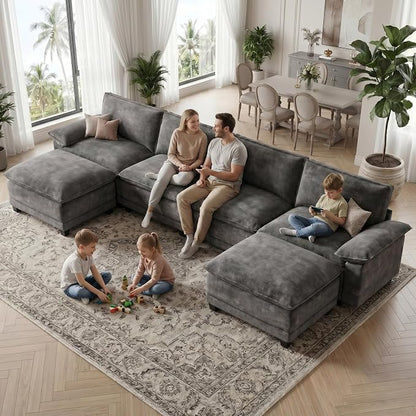 Modern U Shaped Sofa Couches for Living Room, Modular Sectional Cloud Couch with Movable Ottoman, Comfy Chenille Sofa for Apartment and Small Space, Dark Gray