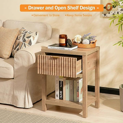 Fluted Night Stand with Golden Handle,Set of 2 Mid-Century Nightstands with Drawer, Bedside Table with Storage Shelf,Large Wood End Tables for Livingroom,Bed Side Tables for Bedroom, Natural Oak