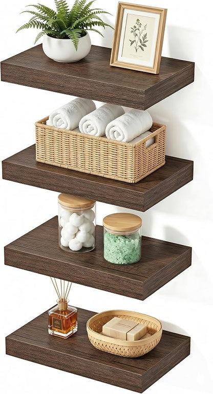 Smoke Gray Floating Shelves for Wall, Set of 4 Modern Wall Shelves Over Toilet for Bathroom, Bedroom, Kitchen & Living Room Decor Display, Minimal Storage & Wall Organizer, 12"x7"x1.5"