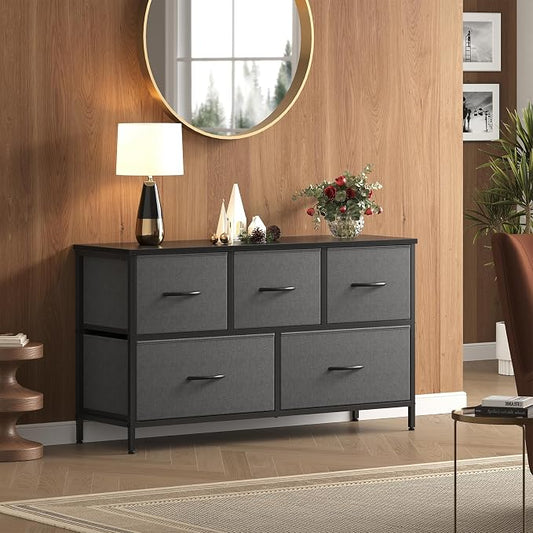 OLIXIS Dresser for Bedroom with 5 Drawers, Wide Chest of Drawers, Grey | Chest of Drawers for Clothes Storage with Bins, Wide Fabric Bedroom Dresser, Wooden Top, Living Room