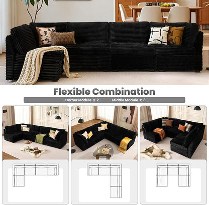 ovios Modular Sectional Sofa Couch with U-Shape Chaise Oversized, Comfy Plush Corduroy Cloud Couches, Modern Luxury Deep Seat Sofas Set for Living Room, 5-Seater, Black