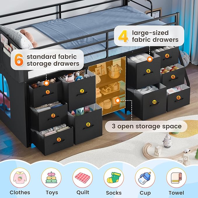 ELYKEN Low Loft Bed Twin Size with 10 Storage Drawers,Twin Loft Bed with Bookcase and LED Lights,Metal Kids Loft Bed with Safety Guardrail,Inclined Ladder & Play Curtain, Under-Bed Play Space, Black