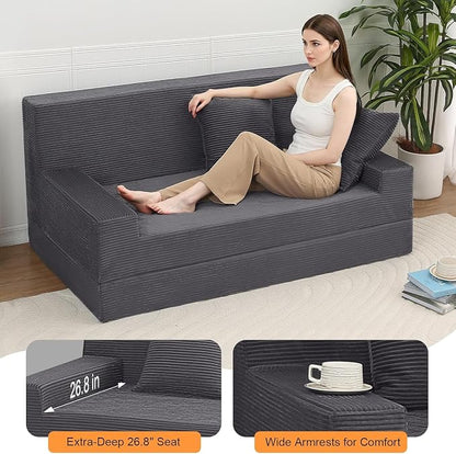 MeMoreCool Folding Futon Couch Queen – Boneless Corduroy Sofa Bed, Convertible Foam Floor Lounger with Pillow & Washable Cover, Foldable Sleeper for Living Room, Bedroom, Guest Space