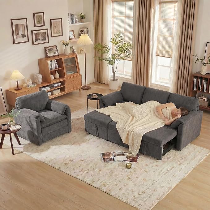 Tbfit Pull Out Sofa Bed with Chair, 3 in 1 Sleeper Sofa Couch with USB & Storage Chaise, Comfy Convertible Sleeper Sofas for Living Room, Small Spaces, Dark Gray