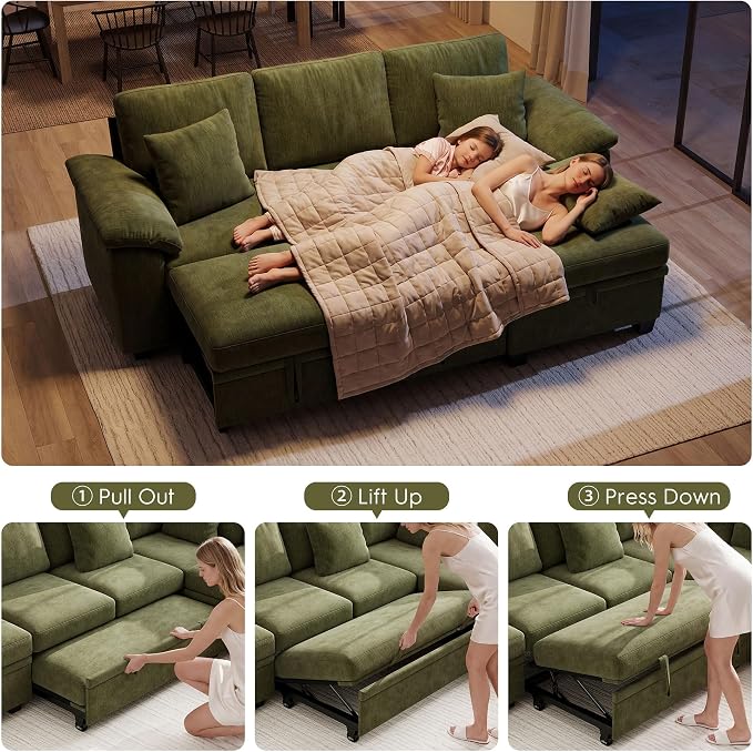 Ihanherry 86" Modular Sectional Sofa with Pull Out Bed, 4-Seater L Shaped Sectional Sleeper Couch with Storage Ottoman, Chenille Convertible Couches for Living Room, Apartment (Green)