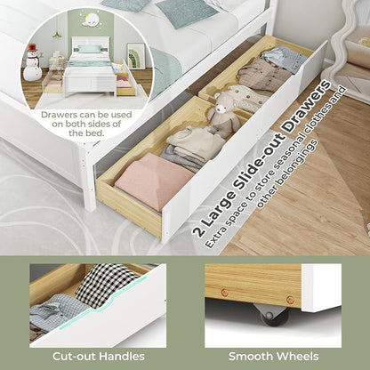 Giantex Wood Twin Bed with 2 Storage Drawers, Solid Wood Platform Bed with Headboard, Wooden Slats Support Mattress Foundation, No Spring Needed, Twin Bed Frame for Kids, Teens, Adults, White