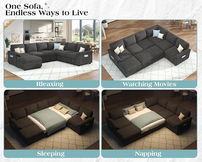 Jocisland 105" Sofa Bed, Sectional Sleeper Sofa with Pull Out Bed/Reclining Backrest, Sleeper Couch Bed with Storage, 6 Seater Couch Bed for Living Room, Chenille Dark Gray