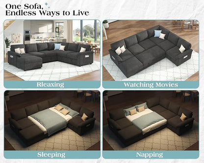 VanAcc 105" Sofa Bed, Sectional Sleeper Sofa with Pull Out Bed/Reclining Backrest, Sleeper Couch Bed with Storage, 6 Seater Couch Bed for Living Room, Chenille Dark Gray